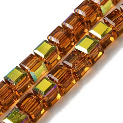Electroplate Glass Beads Strands, Half Rainbow Plated, Faceted, Cube, Saddle Brown, 7~7.5x7~7.5x7~7.5mm, Hole: 1mm(EGLA-M031-01A-HR03)