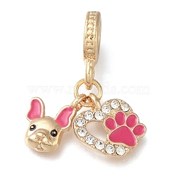 Rack Plating Alloy Hot Pink Enamel European Dangle Charms, Dog & Paw Print Large Hole Pendants with Crystal Rhinestone, Golden, 28mm, Hole: 5mm(PALLOY-A009-19G)