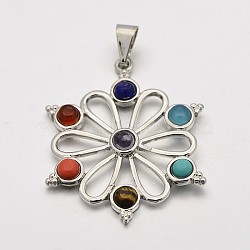 Platinum Plated Alloy Gemstone Flower Pendants, Chakra Jewelry, Colorful, 40x32x4.5mm, Hole: 5x5mm(G-J264-01)
