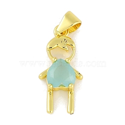 Glass Pendants, Rack Plating Brass Findings, Real 18K Gold Plated, Boy with Heart, Light Blue, 19.5x9x4mm, Hole: 4.5x3mm(KK-B114-07G-02)