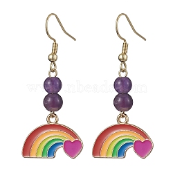 Rainbow Alloy Enamel & Natural Amethyst Dangle Earrings for Women, Colorful, Golden, 46x20.5mm(EJEW-JE05923)