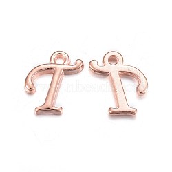 Rose Gold Plated Alloy Letter Pendants, Rack Plating, Cadmium Free & Lead Free, Letter.T, 13x9x2mm, Hole: 1.5mm(X-PALLOY-J718-01RG-T)