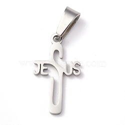 Easter 304 Stainless Steel Pendants, Cross with Word Jesus, Stainless Steel Color, 21x12x1.2mm, Hole: 3.5x7mm(STAS-Z018-14P)