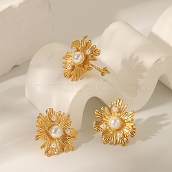 Imitaiton Pearl Flower Irregular Vintage Stud Earring and Cuff Rings, Stainless Steel Jewelry Sets, Real 18K Gold Plated, Ring:L 1.14x1.02 inch(29x26mm), Inner Diameter: 0.71 inch(18mm)(HQ5475-1)