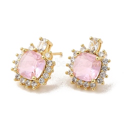 Rack Plating Real 18K Gold Plated Brass Square Stud Earrings, with Cubic Zirconia and Rhinestone, Long-Lasting Plated, Lead Free & Cadmium Free, Pearl Pink, 17x15mm(EJEW-B034-07G)