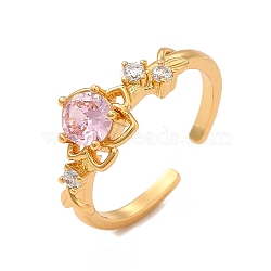 Pink Cubic Zirconia Flower of Life Open Cuff Ring, Rack Plating Brass Jewelry for Women, Cadmium Free & Lead Free, Real 18K Gold Plated, Inner Diameter: 17mm(RJEW-C048-09G)