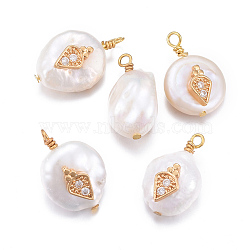 Natural Cultured Freshwater Pearl Pendants, with Brass Micro Pave Cubic Zirconia Findings, Nuggets with Radish, Golden, Clear, 17~26x11~16x5~11mm, Hole: 1.6~2mm(PEAR-L027-29B)