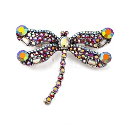 Retro Insect Alloy Colorful Rhinestone Brooches, Dragonfly, Antique Silver, 39x49.5mm(JEWB-I034-31AS)