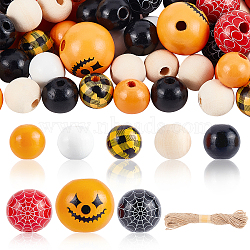 Gorgecraft Printed Wooden Beads, Halloween Theme, with Jute Cord, Mixed Color, Bead: 102pcs/set(DIY-GF0005-74)