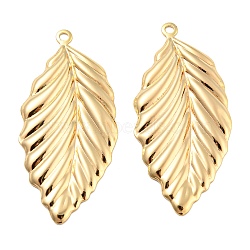 Brass Pendants, Leaf Charms, Real 18K Gold Plated, 45.5x21.5x2mm, Hole: 2mm(KK-L208-15G)