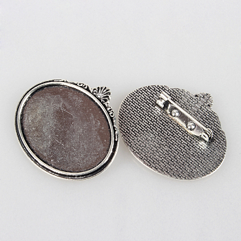 Vintage Alloy Brooch Cabochon Bezel Settings, Cadmium Free & Lead Free, with Iron Pin Brooch Back Bar Findings, Oval, Antique Silver, Tray: 40x30mm, 40x45x2mm, Pin: 0.6mm