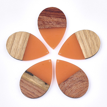 Resin & Walnut Wood Pendants, Teardrop, Light Salmon, 49x32x4mm, Hole: 1.8mm