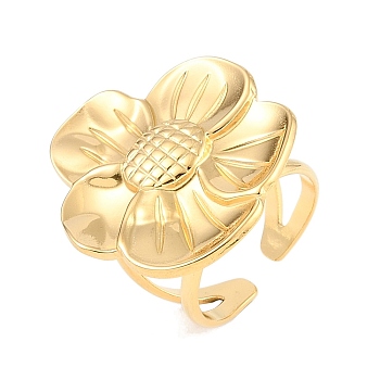 304 Stainless Steel Open Cuff Rings for Women, Real 18K Gold Plated, Flower, 29x26mm, Adjustable