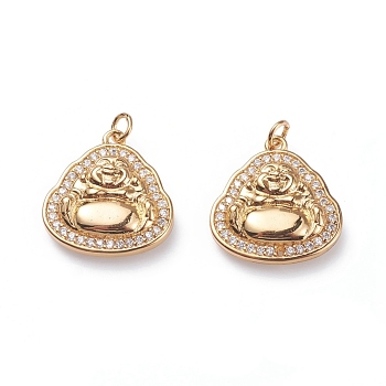 Brass Micro Pave Cubic Zirconia Pendants, with Soldered Jump Rings, Buddha, Clear, Golden, 15.5x15x3mm, Hole: 2.2mm