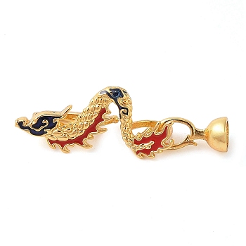 Rack Plating Brass Enamel Fold Over Clasps, Long-Lasting Plated, Lead Free & Cadmium Free, Dragon, Red, Golden, 42x14x9mm, Hole: 5mm