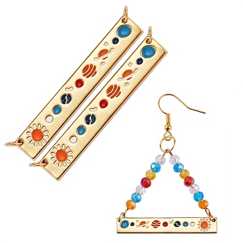 Brass Enamel Pendants Links, Solar System Pendants, with Jump Rings, Long-Lasting Plated, Rectangle & Planet, Colorful, Real 18K Gold Plated, 6x39x1.5mm, Hole: 3mm, 2pcs/box