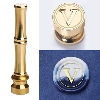 Golden Tone Brass Wax Seal Stamp Head with Bamboo Stick Shaped Handle, for Greeting Card Making, Letter V, 74.5x15mm