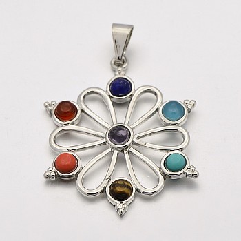Platinum Plated Alloy Gemstone Flower Pendants, Chakra Jewelry, Colorful, 40x32x4.5mm, Hole: 5x5mm