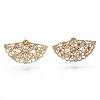 Brass Micro Pave Clear Cubic Zirconia Stud Earring Findings, for Half Drilled Beads, Nickel Free, Fan, Real 18K Gold Plated, 10x17.5mm, Pin: 0.7mm, Pin: 0.8mm(for half drilled beads)