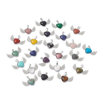 Natural & Synthetic Mixed Gemstone Pendants, Heart Charms with Wing, with Platinum Tone Brass Findings, Mixed Dyed and Undyed, 22x37.5x7mm, Hole: 7.5x5mm
