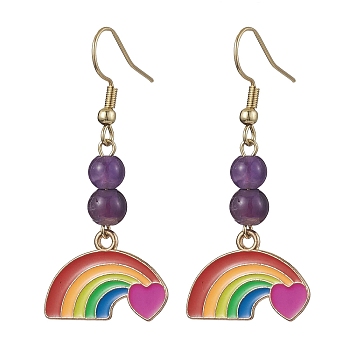 Rainbow Alloy Enamel & Natural Amethyst Dangle Earrings for Women, Colorful, Golden, 46x20.5mm