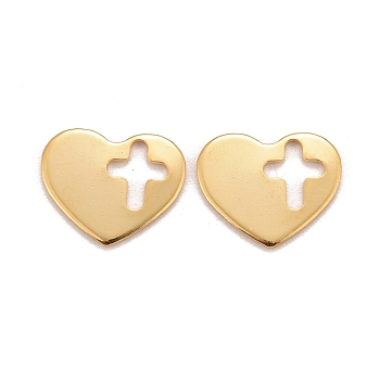 201 Stainless Steel Charms, Heart and Cross, Real 24k Gold Plated, 10x12.5x0.8mm, Hole: 5.5x6.5mm