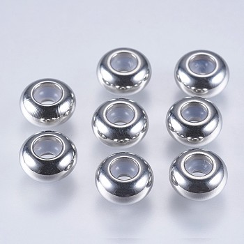 202 Stainless Steel Beads, with Plastic, Slider Beads, Stopper Beads, Rondelle, Stainless Steel Color, 8x4mm, Hole: 2mm