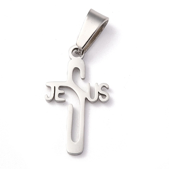 Easter 304 Stainless Steel Pendants, Cross with Word Jesus, Stainless Steel Color, 21x12x1.2mm, Hole: 3.5x7mm