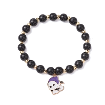 Alloy Enamel Charm Bracelets, Halloween Themed Round Glass Pearl Beaded Stretch Bracelets, Ghost, Inner Diameter: 2-3/8 inch(6cm)