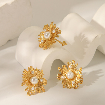 Imitaiton Pearl Flower Irregular Vintage Stud Earring and Cuff Rings, Stainless Steel Jewelry Sets, Real 18K Gold Plated, Ring:L 1.14x1.02 inch(29x26mm), Inner Diameter: 0.71 inch(18mm)