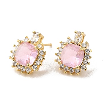 Rack Plating Real 18K Gold Plated Brass Square Stud Earrings, with Cubic Zirconia and Rhinestone, Long-Lasting Plated, Lead Free & Cadmium Free, Pearl Pink, 17x15mm