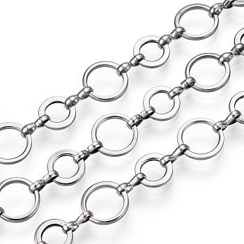 661 Stainless Steel Mother-son Chains, Unwelded, with Spool, Stainless Steel Color, 10x1mm, 8x1mm, about 32.81 Feet(10m)/Roll