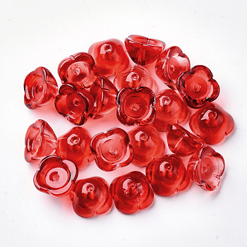 4-Petal Transparent Spray Painted Glass Bead Caps, Flower, Red, 11.5x11.5x7mm, Hole: 1.6mm