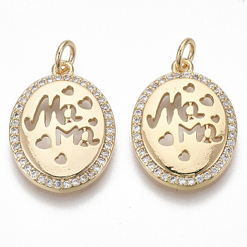 Brass Micro Pave Clear Cubic Zirconia Pendants, Oval, Nickel Free, Real 18K Gold Plated, 20.5x15x3mm, Jump Ring: 5x0.8mm, Inner Diameter: 3mm