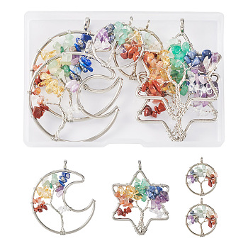 6Pcs 3 Styles 7 Chakra Natural Mixed Gemstone Chip Bigs Pendants, Tree of Life Charm, with Platinum Plated Iron Findings, Flat Round & Star & Moon, 29~59x45~52x6~7mm, Hole: 4.5~6mm, 2pcs/style
