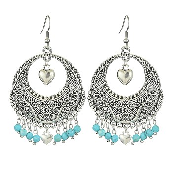 Dyed Natural Howlite Beaded Chandelier Earrings, Alloy Flat Flat Round Earrings with 304 Stainless Steel Pins, Blue, 73.5x43mm