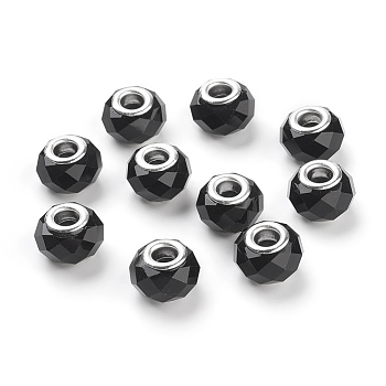 Handmade Glass European Beads, Large Hole Beads, Silver Color Brass Core, Black, 14x8mm, Hole: 5mm