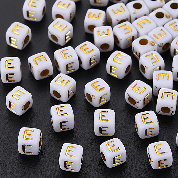 Opaque White Acrylic Beads, Metal Enlaced, Cube with Letters, Letter.E, 4.5mm, Hole: 2mm, about 500pcs/50g
