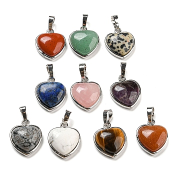 Natural & Synthetic Mixed Gemstone Pendants, Heart Charms with Platinum Plated Brass Snap on Bails, 20.5x17.5x7mm, Hole: 4x8mm
