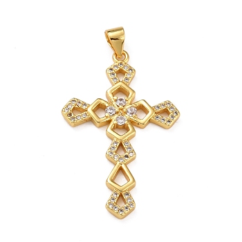 Brass Micro Pave Clear Cubic Zirconia Pendants, Cross, Real 18K Gold Plated, 36x22.5x2.5mm, Hole: 4x3mm