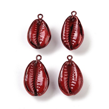 Spray Painted Natural Cowrie Shell Pendants, Shell Shape Charms, Dark Red, 22.5~24x12~14.5x9~11mm, Hole: 1.8mm