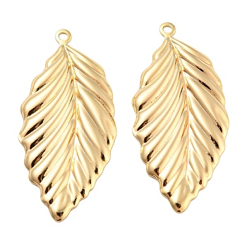 Brass Pendants, Leaf Charms, Real 18K Gold Plated, 45.5x21.5x2mm, Hole: 2mm