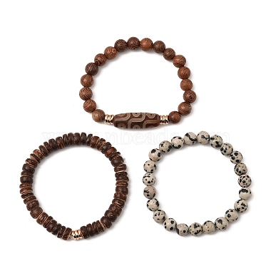 Ensemble de bracelets extensibles en perles de dalmatien naturel et de bois de coco de style 3pcs 3(BJEW-JB09863)-4
