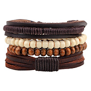 Adjustable Braided Leather Cord Wooden Beaded Multi-strand Bracelets, Stackable Bracelets, 4 Strands/set, Colorful, 60mm, 180~200mm(BJEW-P0001-15)