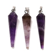 Natural Amethyst Pointed Pendants, Faceted Cone Charms with Platinum Plated Barss Snap on Bails, 35~35.5x8~8.5mm, Hole: 6.5x4mm(G-D089-01P-05)