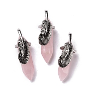 Natural Rose Quartz Pendants, with Antique Silver Tone Brass Findings, Cadmium Free & Lead Free, Double Terminal Pointed Bullet with Leaf, 44~47x14~15x14~15mm, Hole: 6.2x3.5mm(G-E059-04AS-05)