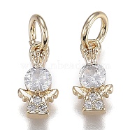 Brass Micro Pave Clear Cubic Zirconia Charms, Long-Lasting Plated, with Jump Ring, Angel, Real 18K Gold Plated, 12x6x3mm, inner diameter: 4mm, jump ring: 6x1mm(ZIRC-Z003-13G)