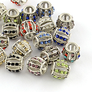 Hollow Rondelle Antique Silver Plated Alloy Rhinestone European Beads, Large Hole Beads, Mixed Color, 10~11x9.5mm, Hole: 5mm(ALRI-Q228-06)