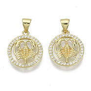 Brass Micro Pave Cubic Zirconia Pendants, Nickel Free, with Snap on Bail, Flat Round with Constellation, Clear, Real 18K Gold Plated, Cancer: 17.5x15x2.5mm, Hole: 4x3mm(ZIRC-S061-199D-G-NF)