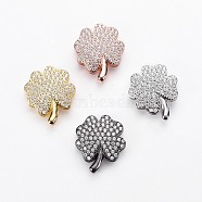 Brass Micro Pave Cubic Zirconia Slide Charms, Long-Lasting Plated, Cadmium Free & Nickel Free & Lead Free, Clover, Clear, Mixed Color, 18x15x5mm, Hole: 2x11mm(ZIRC-G147-12-NR)